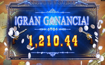Moment du jeu dans Showdown Saloon en obtenant un profit élevé, avec le chiffre de 1 210,44