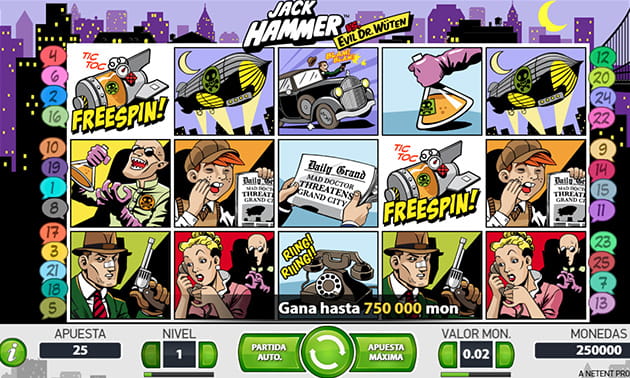 Le menu principal de Jack Hammer avec le panneau de jeu et les différents rouleaux et rangées représentés