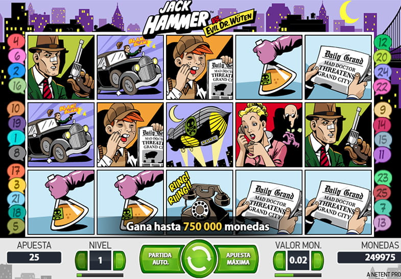 Panneau du jeu principal Jack Hammer, avec ses rouleaux et ses rouleaux et en bas les commandes du jeu
