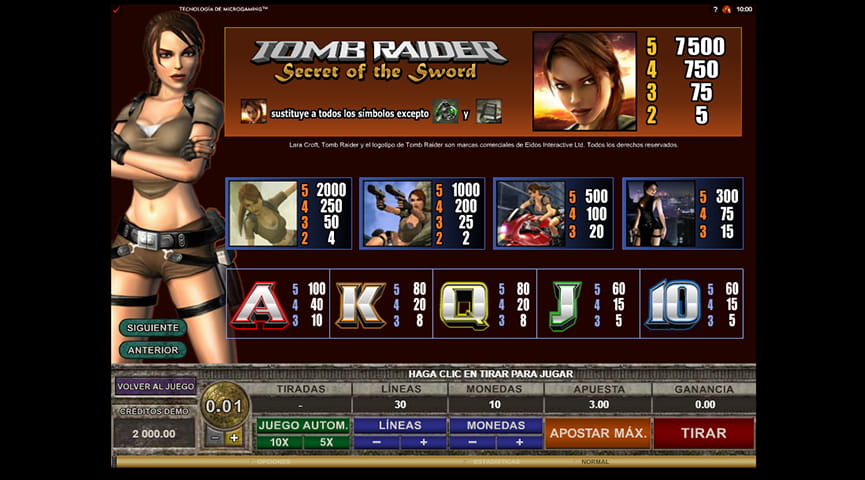 Tableau avec les gains des symboles dans la machine à sous Tomb Raider Secret of the Sword