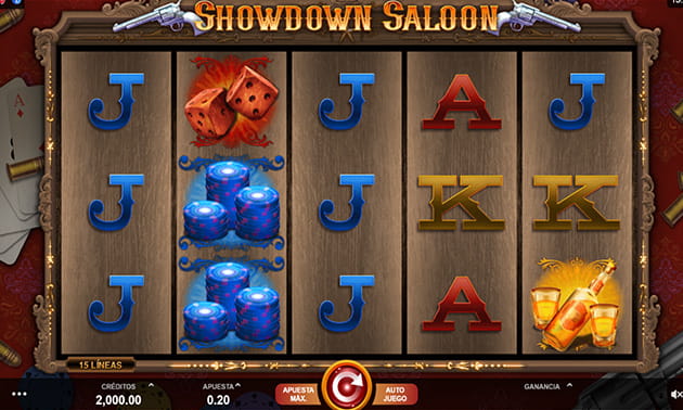 Menu principal de Showdown Saloon avec le panneau de jeu et ses 5 rouleaux et 3 rangées représentés