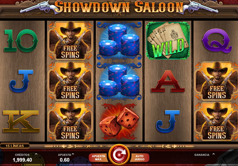Panneau du jeu principal de Showdown Saloon avec ses 5 rouleaux et ses 3 rangées