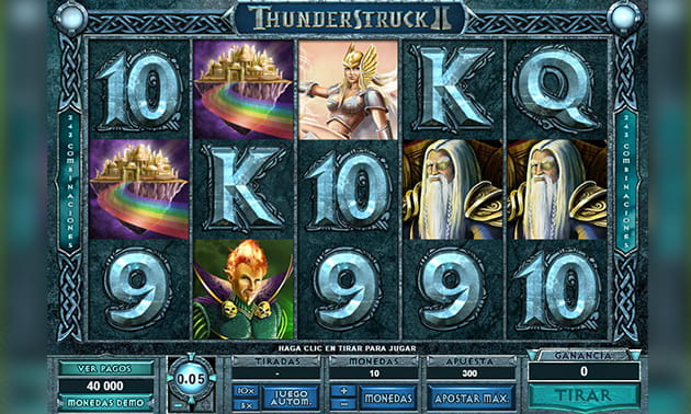 Le panneau d'accueil de la machine à sous Tunderstruck II, montrant les protagonistes parmi les autres symboles du jeu