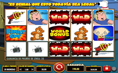 Panneau de contrôle du jeu dans lequel apparaissent quatre wild wild spéciaux et un family guy wild. Le bénéfice est de 190€